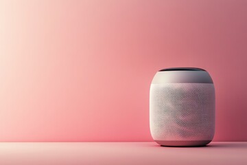 White smart speaker on pink surface with pink backdrop, showcasing modern technology and minimalist design