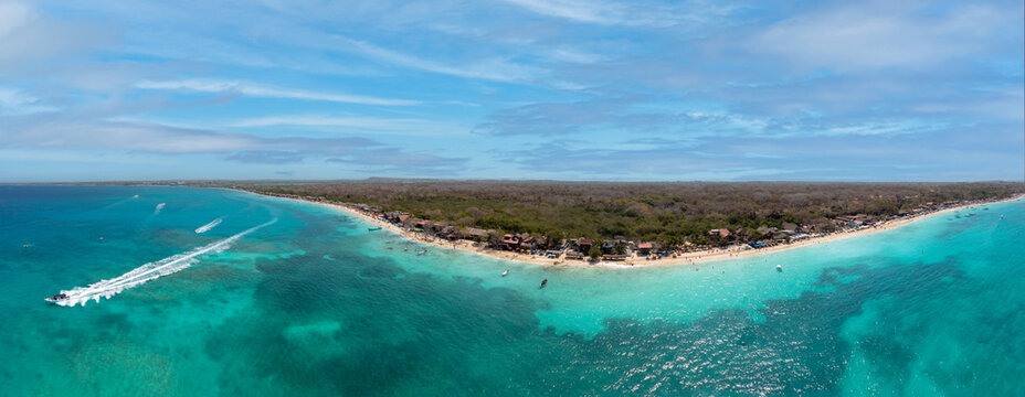 Aerial panorama view of Playa Blanca Isla Baru white sand beach turquoise blue ocean water Cartagena Colombia South America