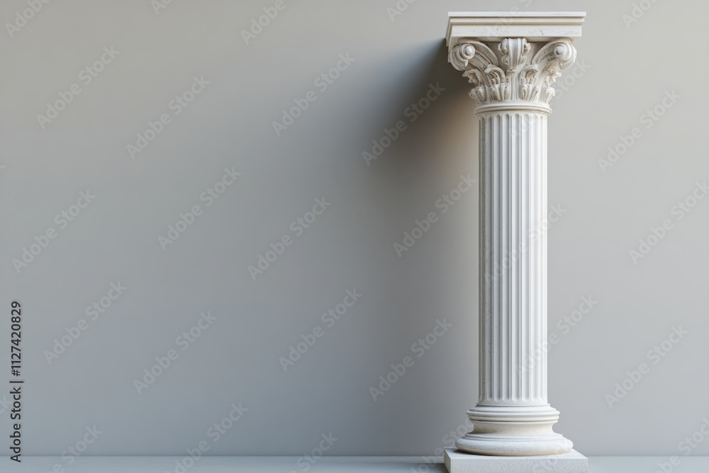 Poster white corinthian style column standing against an empty wall, representing classical architecture an