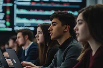 Students engaged in investment analysis with laptops in a classroom setting