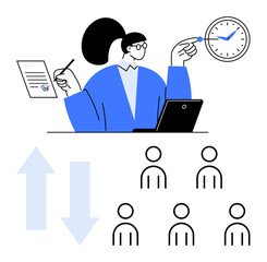 Office worker with document, laptop, and clock indicating time management and productivity. Figures representing team hierarchy. Ideal for leadership, teamwork, time management, productivity