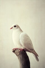 Obraz premium Elegant white dove on rustic branch: symbol of peace and serenity