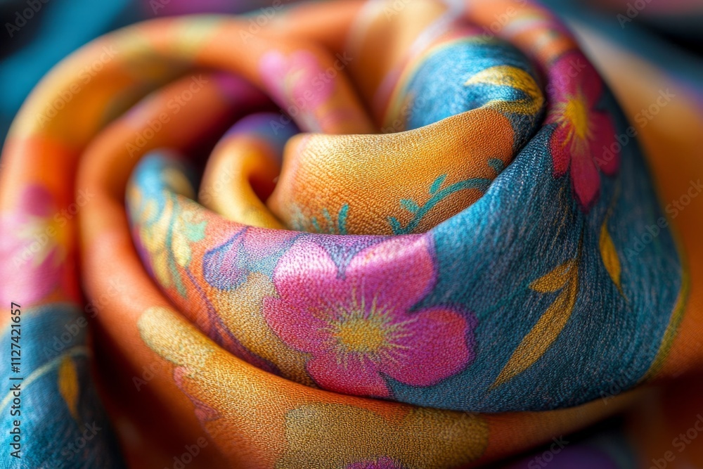 Poster close-up of a silk scarf with a vibrant floral pattern, folded to create an elegant and textured com
