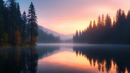 Fototapeta premium Tranquil lake surrounded by evergreen trees at sunrise, casting reflections on the calm water, Ideal for nature-themed projects, relaxation content, or promoting outdoor activities,