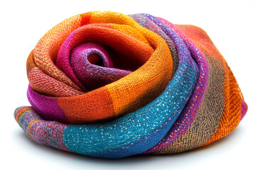 Warm and vibrant, a colorful striped wool scarf, folded into an inviting embrace, offers comfort and style