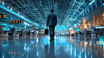 Business Traveler in Busy Airport Terminal Checking Financial Data - Powered by Adobe