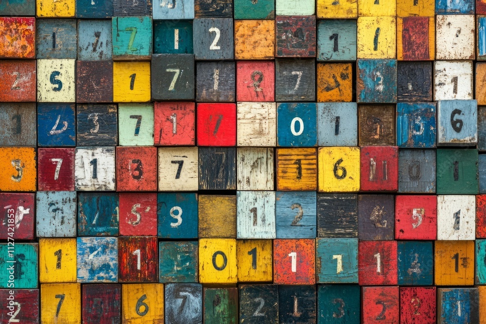 Poster colorful, textured wooden blocks displaying various numbers create an interesting and vibrant backgr