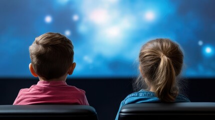 Two children watch a captivating screen filled with blue light and soft bokeh, This image can be used for educational content, family media, or advertisements related to children's activities,