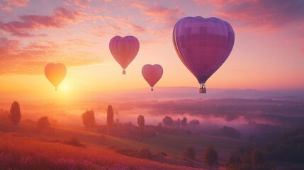 Fototapeta premium Heart-shaped hot air balloons at sunrise over misty countryside landscape