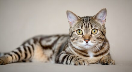 Obraz premium Majestic tabby cat lying on beige surface with intense gaze and distinctive stripes
