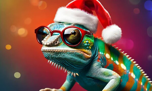 New Year concept, festive Christmas mood. Animal - reptile, chameleon in sunglasses and Santa Claus hat on a bright background.