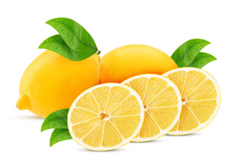 Two fresh lemon and ring slice, with leaf