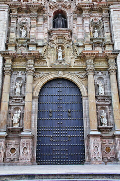 LIMA, PERU - JANUARY 31: Main entrance of Lima Cathedral on January 31,2015 in Lima, Peru. Construction of Cathedral began in 1535, and the building has undergone many reconstructions