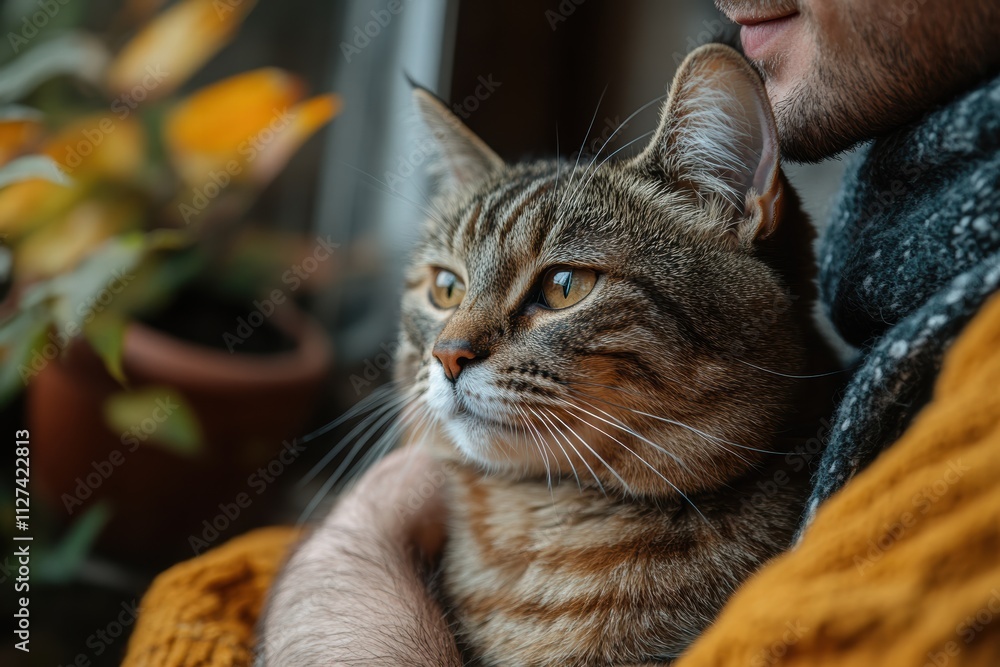 Poster man enjoys quiet moment stroking a cat while sitting indoors next to window
