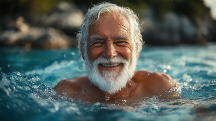 Elderly man enjoying a refreshing swim in natural waters