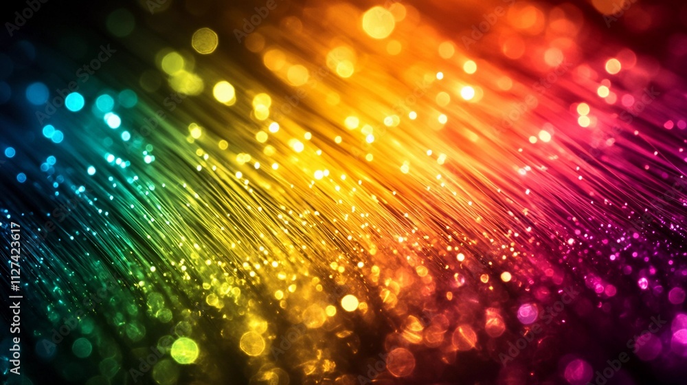 Poster rainbow light patterns create a vibrant display with sparkling colors in a dark background