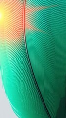 Green turquoise feather texture background with orange light flare, light, beauty