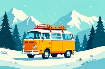Camper Van in Winter Mountains, beautiful landscape on background. Winter Tourism concept, Travel and vacation. Flat illustration, drawn style