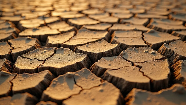 A close-up of cracked dry mud with intricate patterns, illuminated by warm sunlight, showing the parched earth texture.