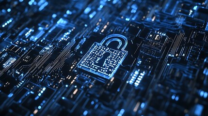 A digital lock symbol against a backdrop of circuit patterns, representing cybersecurity.