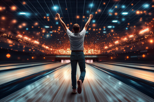 A bowler celebrating a strike with arms raised in excitement, dynamic and lively scene.