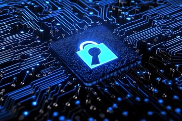 A digital padlock symbol over a circuit board background, representing cybersecurity and protection.