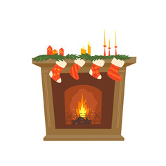 Fototapeta premium Fireplace decorated by socks, candles. Colorful vector isolated illustration on the white background