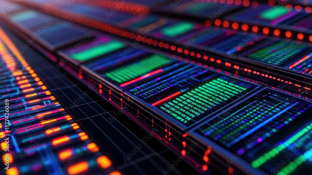 Poster close-up of digital data displayed on futuristic screens with vibrant lights.