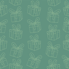 Light green gift boxes on dark green background vector seamless pattern