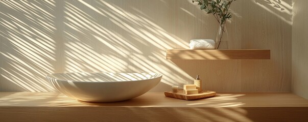 Sunlit modern bathroom with elegant vessel sink and wooden shelf