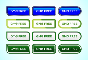 GMO Free button set of different shapes and colors. Suitable for mobile app, and website UI design.