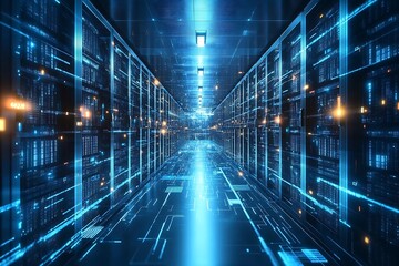 A futuristic data center with glowing servers and digital elements.