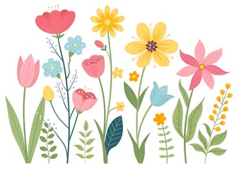 A vibrant flat-style illustration of various colorful spring flowers, including tulips, daisies, and blossoms, on a white background with ample copy space for text or design.