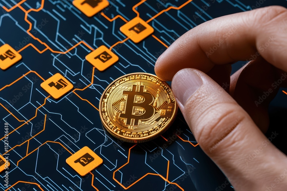 Aufkleber hand holding a gold bitcoin over a digital blockchain network background. cryptocurrency and digital