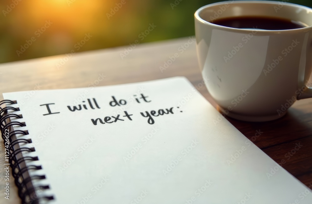 Aufkleber a cup of coffee rests beside an open notebook with handwritten text stating intentions for the next 