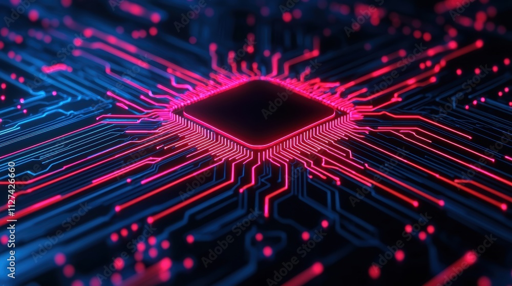 Aufkleber close-up of a glowing computer chip with neon red and blue circuitry on a dark background.