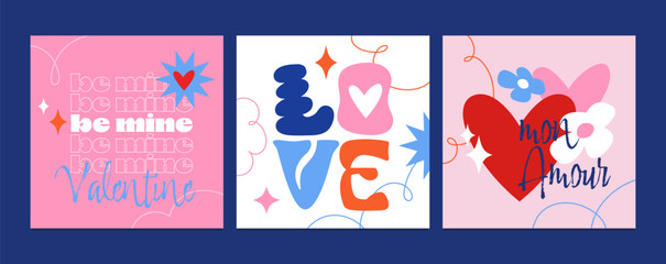 Set of Valentine’s Day card designs with hearts, flowers, and abstract elements. Flat vector illustration for greeting card, poster, banner, and invitation.