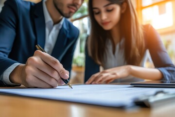 Young couple signs a contract in cozy cafe setting during the day
