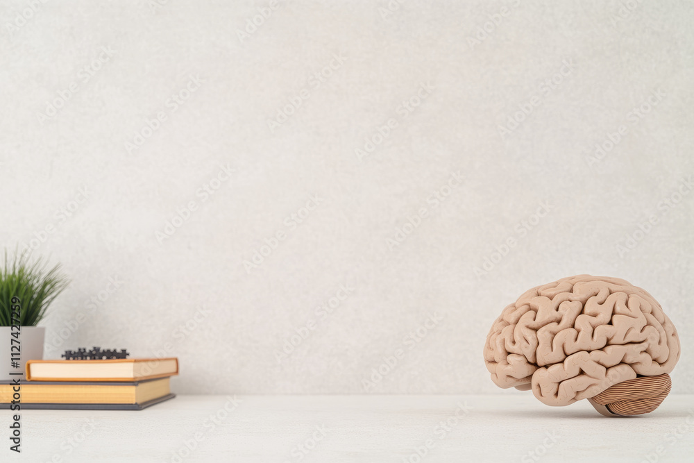 Poster a brain model sits on a table next to a book