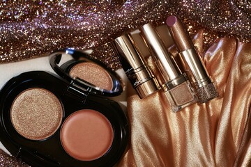 A luxury flat lay of shimmering bronzers, glitter-infused blushes, and metallic lipsticks, displayed with a satin wrap dress.