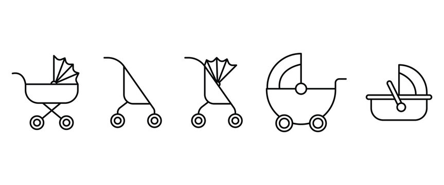 Baby stroller icon set.  Liner baby carriage vector. Baby pram. Set of isolated stroller icon. Children and baby carriage icon collection on white background.