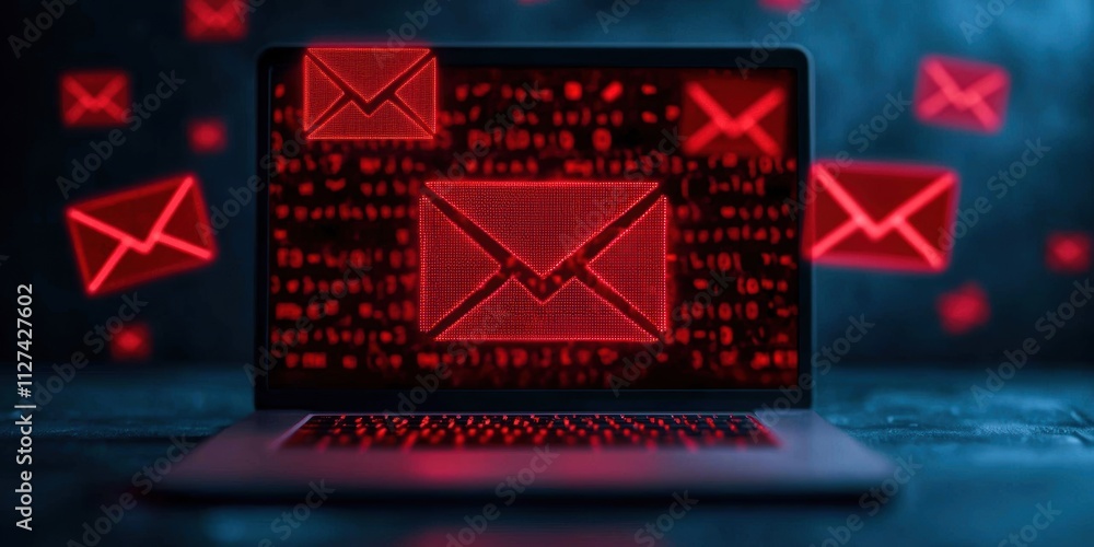 Poster laptop screen displaying red envelope icons symbolizing email or phishing scams.