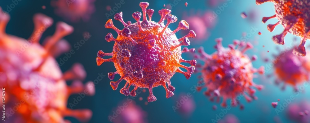 Poster microscopic view of a virus with red and orange spiked structure on a blue background.