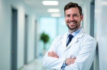 Fototapeta premium A male healthcare professional stands in a bright, modern hallway, arms crossed and smiling. The facility features clean lines and soft lighting, highlighting a welcoming atmosphere for patients.