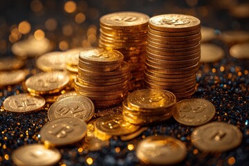 Stacks of gold coins and bars shine on a dark surface against a shimmering backdrop
