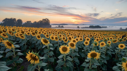 Obraz premium A field of sunflowers stretching to the horizon at sunrise