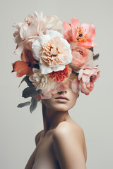 A woman from shoulders up, her face adorned with exquisite flowers
