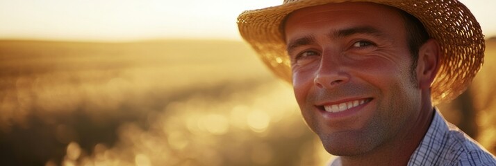 Smiling farmer enjoys a golden sunset in a vast field of ripe crops, celebrating a day of hard work and connection with nature\'s beauty