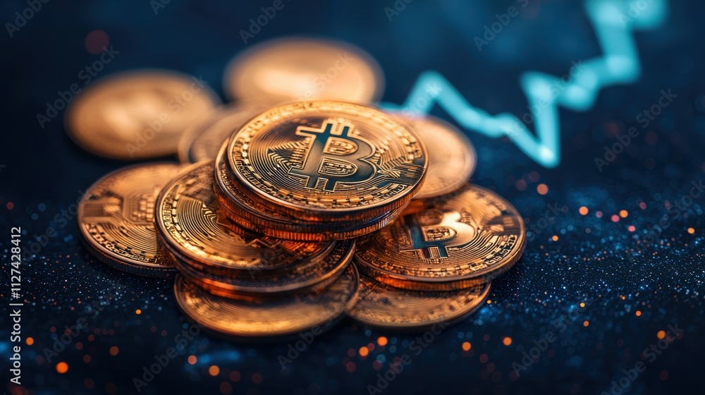 Poster stack of gold bitcoins placed on a dark background with sparkling details and upward arrow graphic.