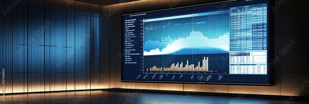 Poster financial report display showcasing data analysis in a modern conference room setting